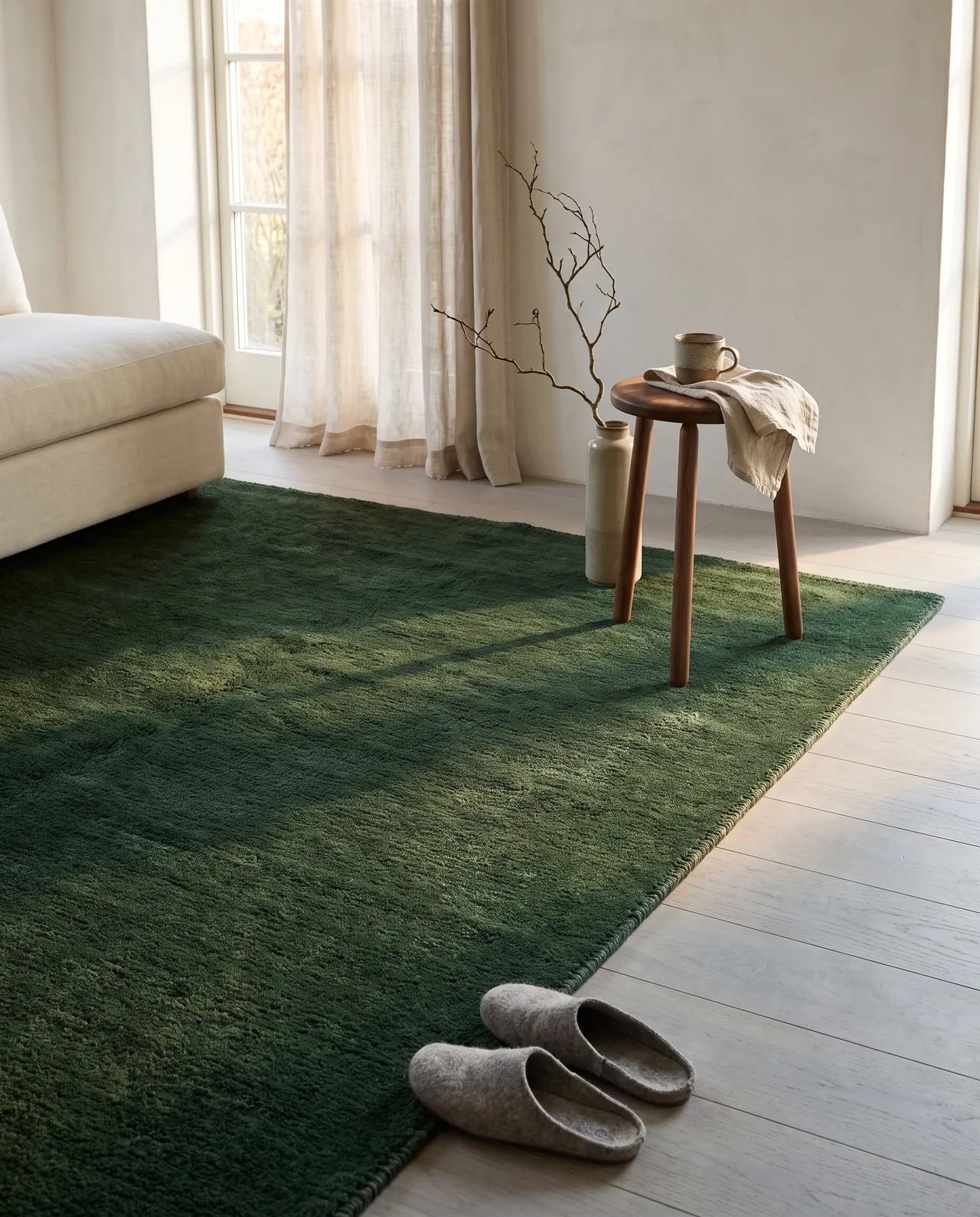 Tapis en laine vert forêt dans un intérieur clair et épuré